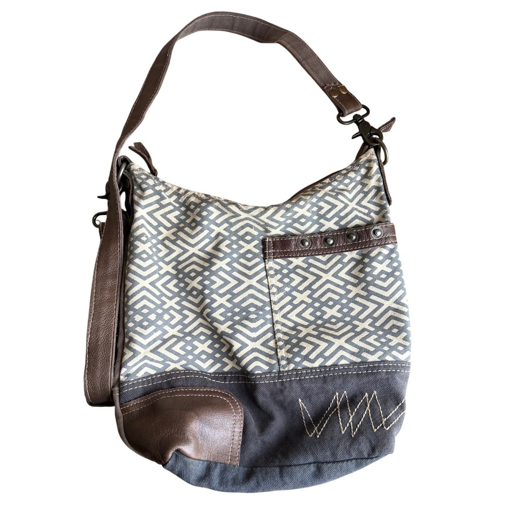 Myra Bag Upcycled Canvas Leather Hobo Bag Boulangerie Paris Geometric Brown Grey